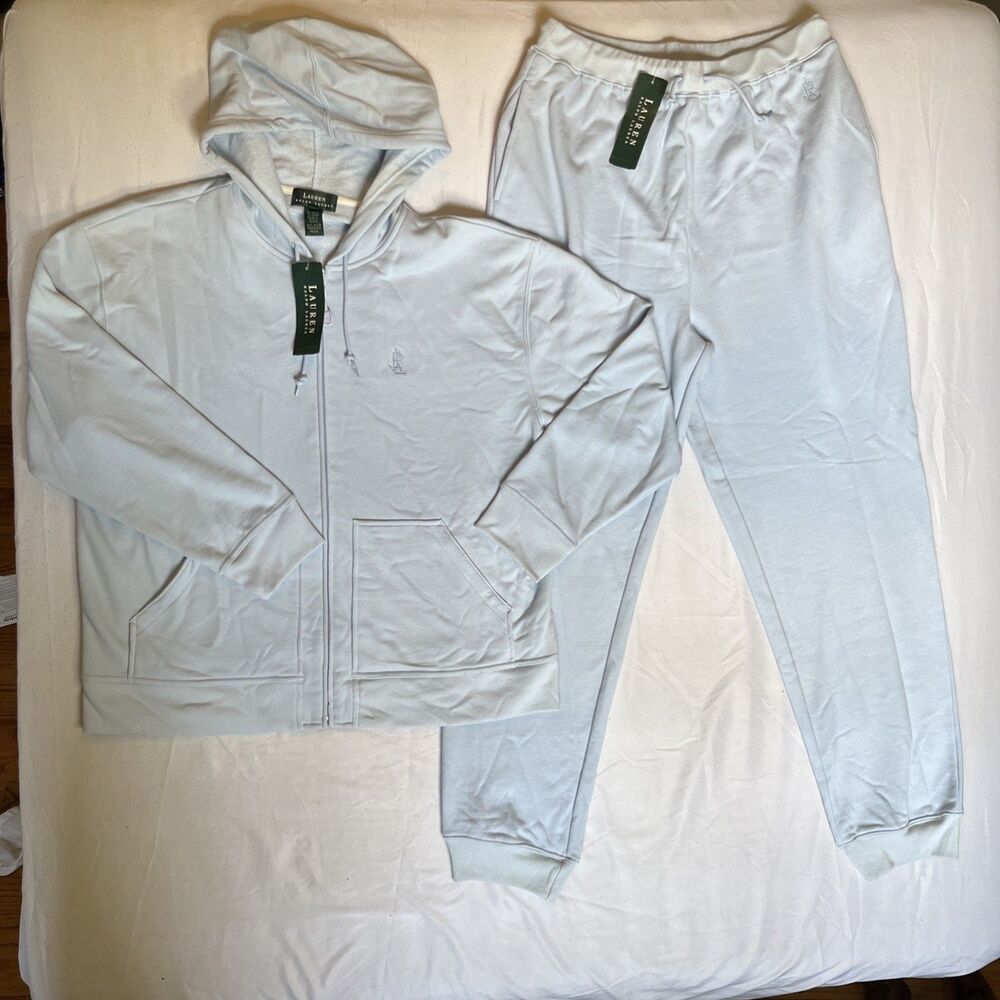 Lauren Ralph Lauren Tracksuit Set M Full Zip Hoodie L Joggers Logo Baby Blue Y2K